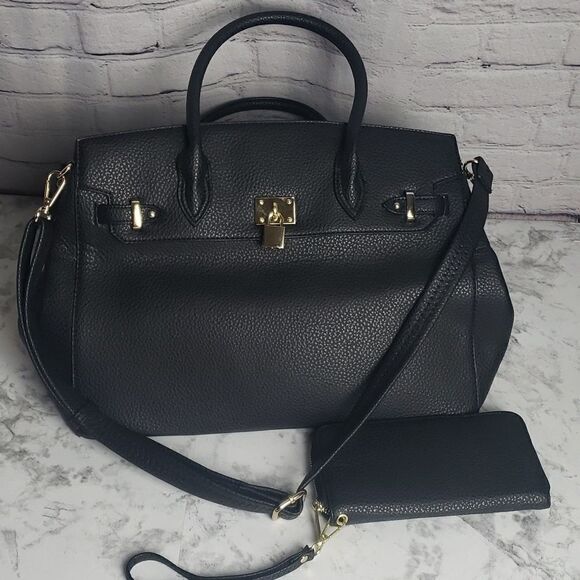 Two Tone Satchel Black Faux Leather Handbag with Decorative Lock - Picture 9 of 17